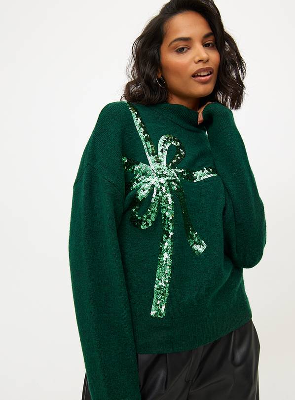 Dark Green Sequinned Bow High Neck Knitted Jumper 10